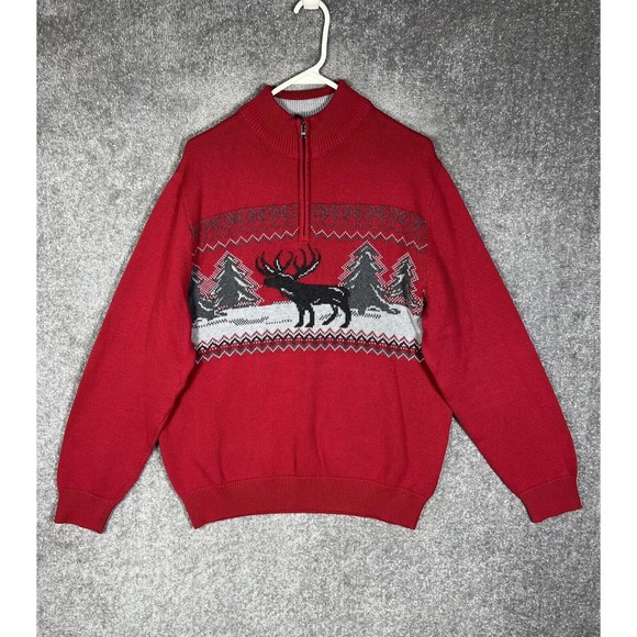 Chaps 1/4 Zip Moose Winter Christmas Knit Pullover Sweater Mens Large Red Cotton - Picture 1 of 16